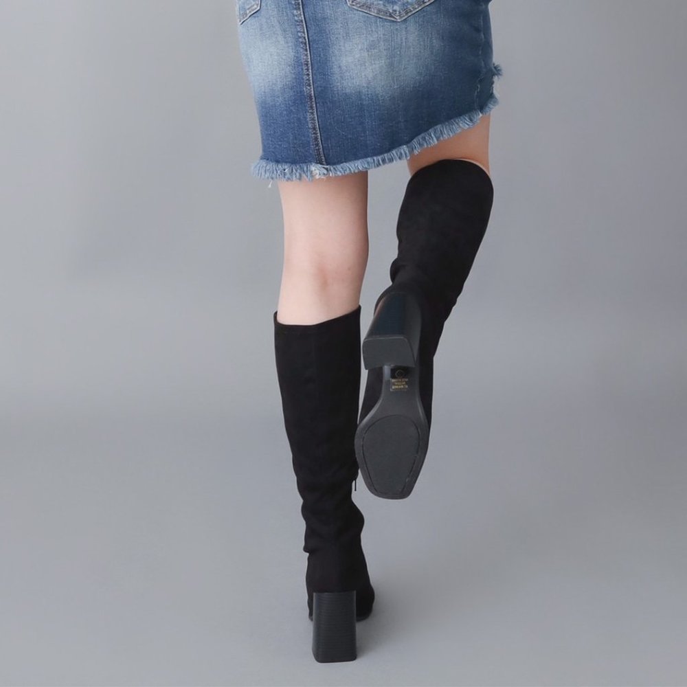 Black Microsuede Block Heel Knee High Boots - Picture 4 of 6
